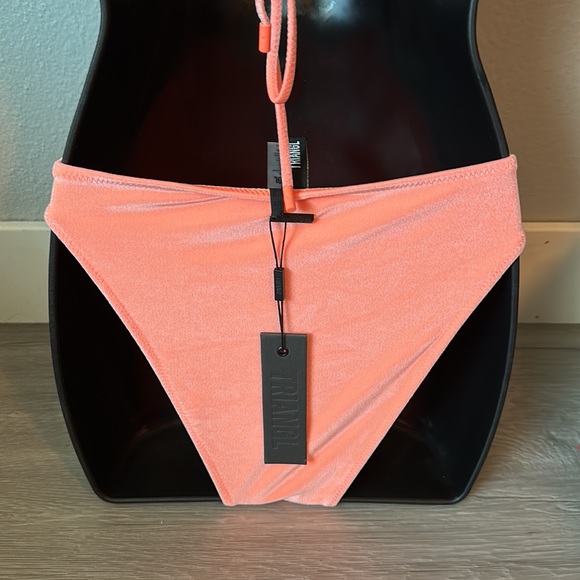 Orange coral velvet string top with high waist bottom set. - Picture 8 of 16